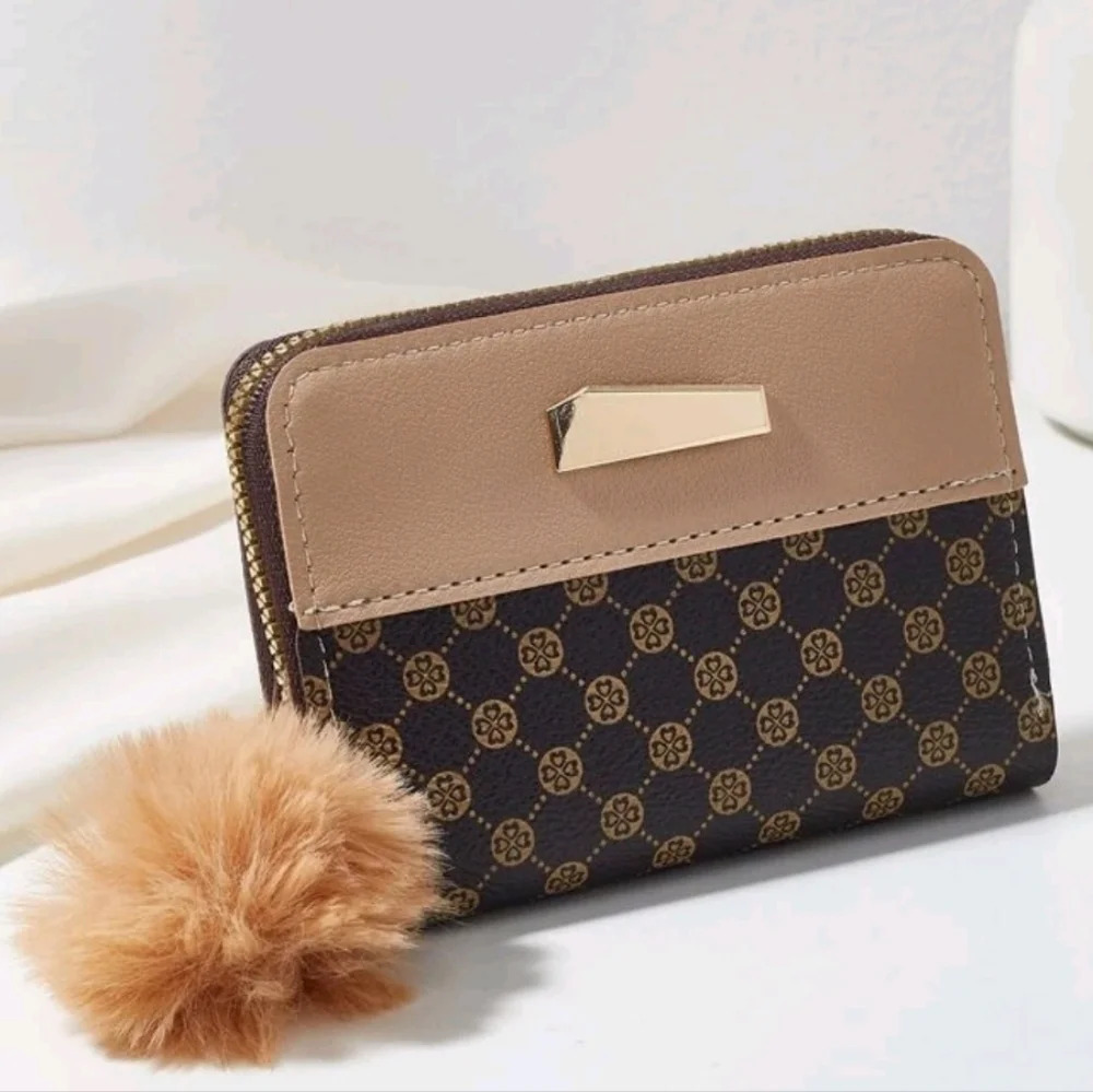 NEW Geometric Color Blocking Wallet & Card Holder With Pom Pom